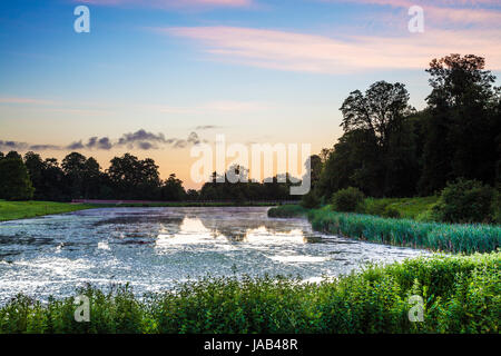 Ein Sommer Sonnenaufgang über dem See bei Lydiard Park in Swindon, Wiltshire. Stockfoto