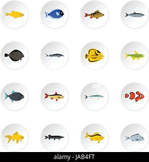 Fisch-Symbole-Satz. Flache Darstellung der 16 Fisch-Vektor-Icons für web Stock Vektor