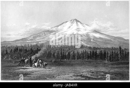 Eine Gravur des Mount Shasta in hoher Auflösung aus einem Buch gescannt gedruckt im Jahre 1872.  Kostenlos copyright geglaubt. Stockfoto