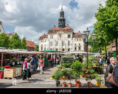 Wochenmarkt am Marktplatz in Lüneburg, Niedersachsen, Deutschland. Stockfoto