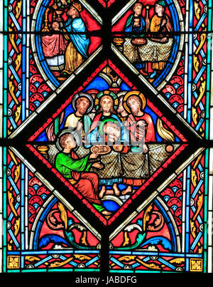 Das Fenster "Leidenschaft" das letzte Abendmahl, Johannes der Evangelist neigt seinen Kopf in Richtung Jesus, Buntglasfenster von Didron von Paris, 1860, Feltwell Stockfoto