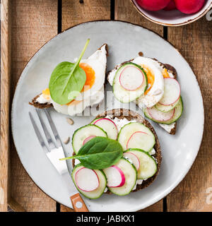 Frische gesunde Toast auf Platte. Draufsicht auf Toast mit Rettich, Gurke, Ziegenkäse, gekochten Eiern und Spinat. Quadratische Ernte Stockfoto