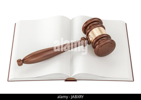 Leeres Buch mit Hammer, 3D-Rendering isolierten auf weißen Hintergrund geöffnet Stockfoto