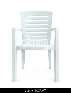 Vorderansicht des weißen Plastikstuhl, isoliert auf weiss Stockfoto
