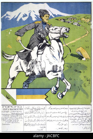 RUSSISCHEN Bürgerkrieg 1919 recruiting Poster aus der Anti-bolschewistischen Berg muslimischen Kavallerie-Brigade in Russisch, Arabisch und zwei Landessprachen. Es lädt Leser Kosak Oberst Andrei Pukovski beitreten Stockfoto