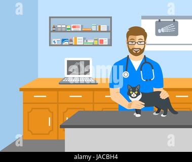 Tierarzt Arzt hält Katze am Untersuchungstisch in Tierklinik. Vektor-Cartoon-Illustration. Haustiere Gesundheitsversorgung Hintergrund. Behandlung von Haustieren Stock Vektor
