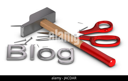 Das Wort Blog geschrieben mit Metall-Lettern, ein Hammer und Schere und einige Nägel auf weißem Hintergrund. Handwerk-Konzept Stockfoto