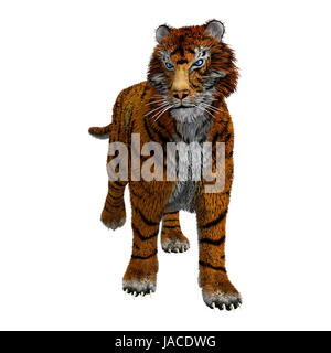 Digitale 3D render von einem wilden Tiger mit blauen Augen, die isoliert auf weißem Hintergrund Stockfoto