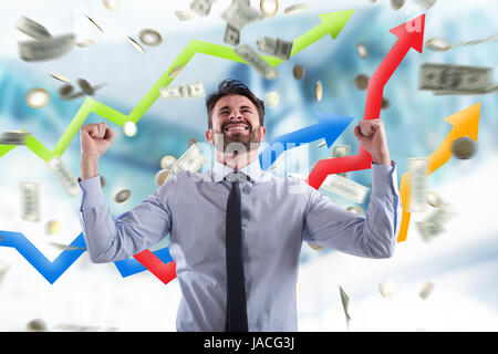 Glücklich Kaufmann mit einem exponentiellen Wachstum gewinnen Statistiken Stockfoto