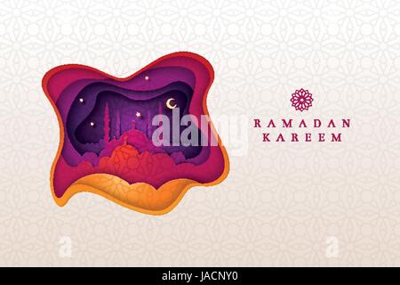 Islamische Grußkarte Design für Ramadan Kareem. Papier-Kunst-Stil-Vektor-Illustration. Elemente werden separat in Vektordatei geschichtet. Stock Vektor