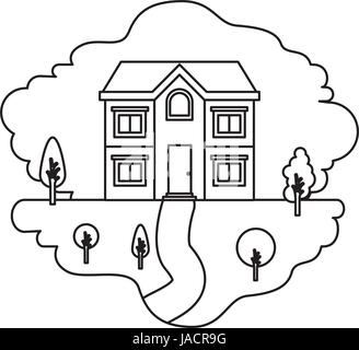 monochrome Silhouette Szene der natürlichen Landschaft und Fassade Haus über zwei Etagen Stock Vektor