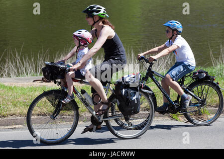 Deutschland Radfahren Familienmutter mit zwei Kindern, das Kleinkind sitzt auf einem Kindersitz und jeder hat Helme Elbfluss Radweg Radweg Kind Stockfoto