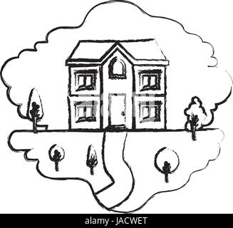 Monochrom verschwommen Silhouette Szene der natürlichen Landschaft und Fassade Haus über zwei Etagen Stock Vektor