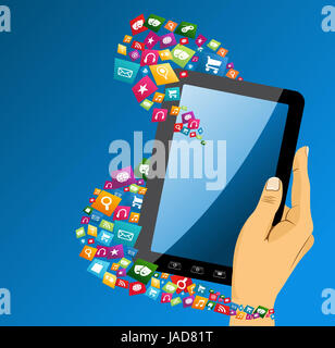 Menschliche Hand hält elektronische Tablet Computer Anwendungen Symbole Zusammensetzung, blauen Hintergrund. EPS10 Vektor-Datei organisiert in Schichten für die einfache Bearbeitung. Stockfoto