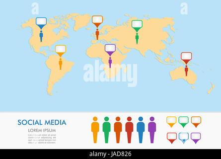 Weltkarte, Männer zahlen mit Geo Position Zeiger Infografiken Vorlage. EPS10 Vektor-Datei organisiert in Schichten für die einfache Bearbeitung. Stockfoto