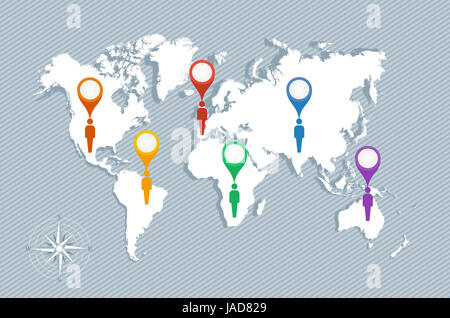 Weltkarte, Geo Position Zeiger und Männer zahlen Illustration. EPS10 Vektor-Datei organisiert in Schichten für die einfache Bearbeitung. Stockfoto