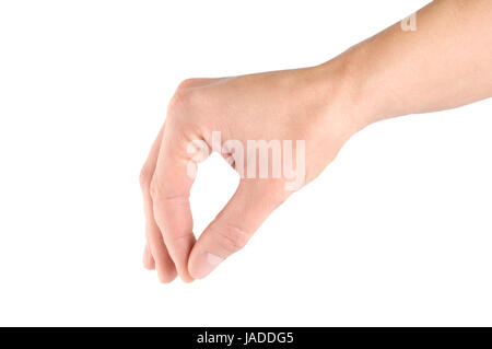 Hand mit Daumen und Zeigefinger zusammen halten oder etwas abholen zu simulieren, isoliert auf weißem Hintergrund. Stockfoto