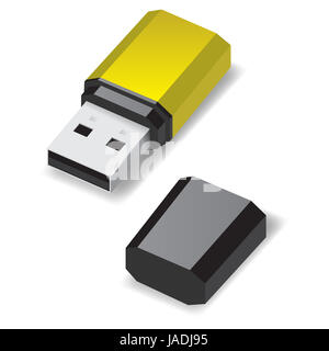 Gelbe USB-Stick mit schwarze Kappe isoliert auf weiss. Stockfoto