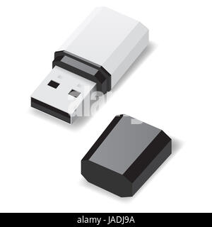 Weiß-USB-Stick mit schwarze Kappe isoliert auf weiss. Stockfoto