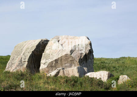 Split Rock, ein großer kanadischer Erratic, der im kälteren Klima der pleistozänen Epoche vom Mount Edith Cavell in die Prärien getragen wird Stockfoto