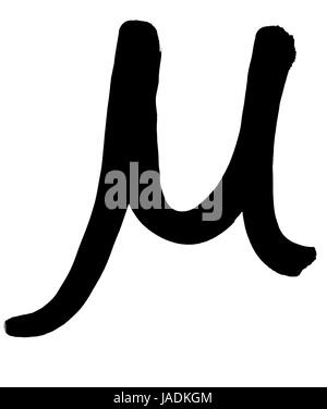 griechischen Buchstaben Mu handschriftlich in schwarzer Tinte auf weißem Hintergrund Stockfoto