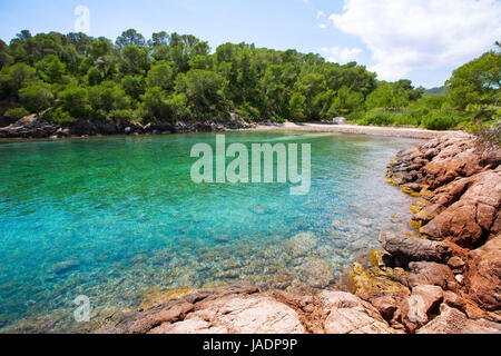 Ibiza Cala Mestella Mastella in Santa Eulalia del Rio auf den Balearischen Inseln Stockfoto