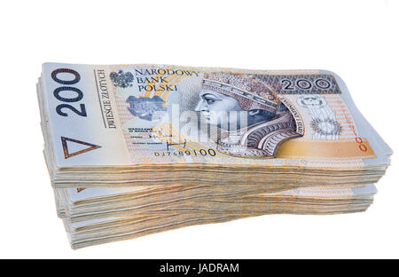 Stapel von zweihundert polnischen Złoty-Banknoten isoliert auf weißem Hintergrund Stockfoto