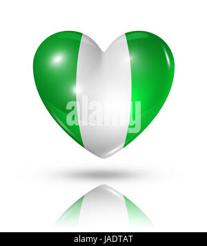 Liebe Nigeria Symbol. 3D Herz Flaggensymbol isoliert auf weiss mit Beschneidungspfad Stockfoto