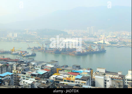 Macao Hafenviertel im Morgennebel Stockfoto