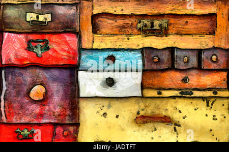 Abstraktes Bild von den verschiedenen alten Schubladen - Kommode - unter völliger Geheimhaltung Stockfoto