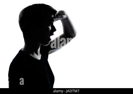 ein kaukasischer junger Teenager Silhouette Mädchen freut sich Portrait im Studio isoliert auf weißem Hintergrund ausschneiden Stockfoto