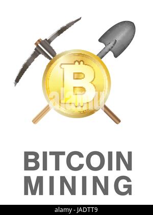 Bitcoin Mining Logo mit goldenen Bitcoin auf Pickel und Schaufel Stock Vektor