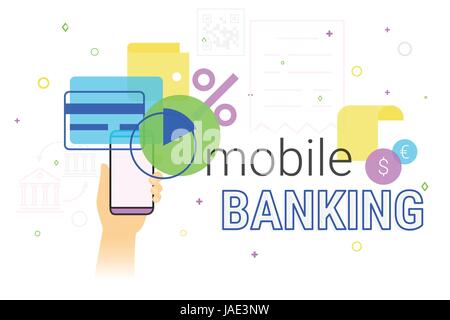 Mobile banking und Rechnungswesen auf Smartphone Kreativkonzept Illustration. Menschliche Hand hält Smartphone mit Bank-app für Kreditkarte, Geldverwaltung Stock Vektor