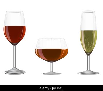Gläser Wein, Champagner, Cognac auf Metal stehen isoliert auf weißem Hintergrund Stock Vektor