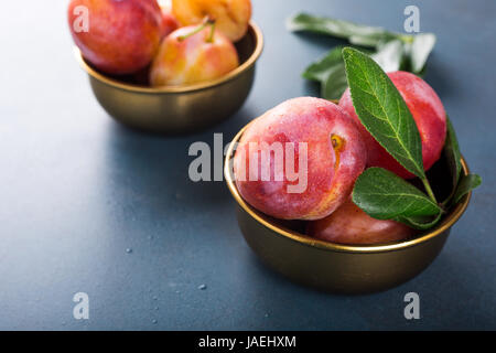 Frische Pflaumen in Bronze Schüssel auf blauem Stein Hintergrund. Selektiven Fokus. Gesunde Ernährung-Konzept. Kopieren Sie Raum. Stockfoto