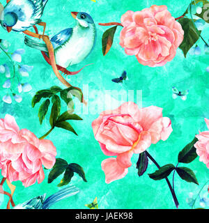Nahtloses Muster mit Aquarell Zeichnungen von lebendigen Teal blue Birds, blühende rosa Rosen, Kamelien, und Pfingstrosen und Schmetterlinge, Hand bemalt auf einem Stockfoto