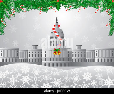 Kapitol von Washington DC mit Garland Candy Cane Holly Beeren auf Schneeflocken Hintergrund Illustration Stockfoto