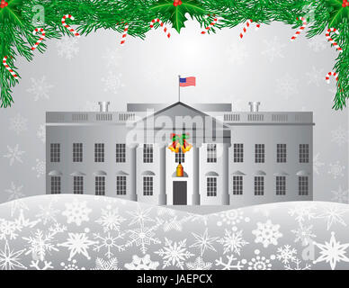 Washington DC weißes Haus Gebäude mit Garland Candy Cane Holly Beeren auf Schneeflocken Hintergrund Illustration Stockfoto