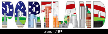 Portland Oregon Text Gliederung Silhouette mit Skyline von Downtown mit US amerikanische Flagge Hintergrund Illustration Stockfoto