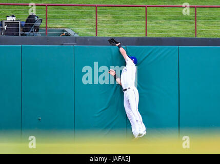 Arlington, Texas, USA. 6. Juni 2017. Texas Rangers Center Fielder Jared Hoying #31 stiehlt einen Home Run hit von New York Mets Recht Fielder Jay Bruce #19 in der Spitze des dritten Inning bei einem interleague MLB-Spiel zwischen den New York Mets und die Texas Rangers im Globe Life Park in Arlington, TX Texas besiegt New York 10-8 Albert Pena/CSM Credit: Cal Sport Media/Alamy Live News Stockfoto