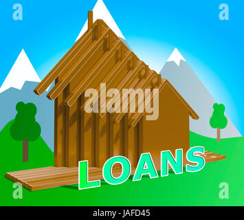 Haus Darlehen Häuser zeigt Home Kreditaufnahme Rückzahlungen 3d Illustration Stockfoto