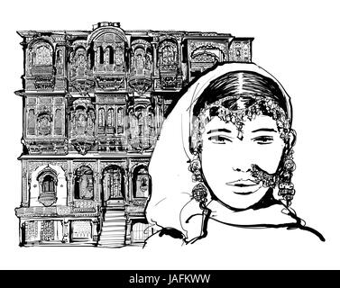 Fassade des alten Hauses mit Balkon in Jodhpur, Indien - Vektor-illustration Stock Vektor