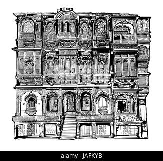 Fassade des alten Hauses mit Balkon in Jodhpur, Indien - Vektor-illustration Stock Vektor