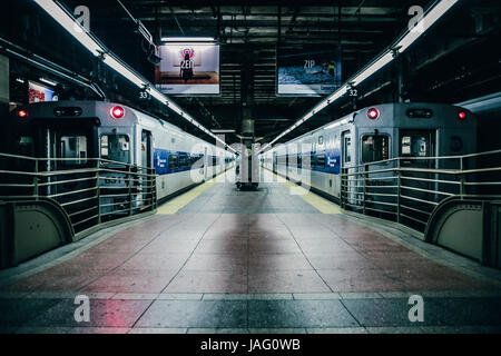 New York, Vereinigte Staaten von Amerika - 27. Mai 2016. Eine leere u-Bahnstation mit zwei wartende Züge in New York. Stockfoto