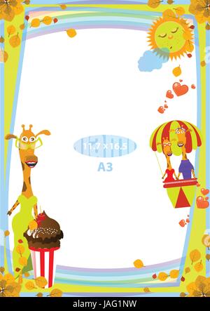 Rahmen. Standard-Größe in Zoll. Ein Format. Vertikale Ausrichtung des Blattes. Illustration für Ihr Design. Fliegende Giraffe Stock Vektor