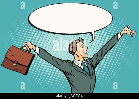 Pop Art Retro-Geschäftsmann mit Aktenkoffer Hände hoch Vektor-illustration Stock Vektor
