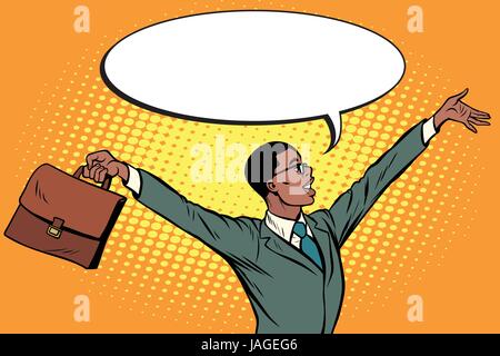 Pop Art Retro-afrikanischen Geschäftsmann mit Aktenkoffer Hände hoch Vektor-illustration Stock Vektor