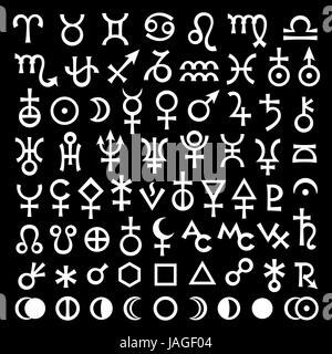 Astrologischen Tierkreiszeichen, Planeten, Asteroiden, Aspekte, Mondphasen, etc. (die großen Black Set von Main astrologischen Symbole). Stockfoto