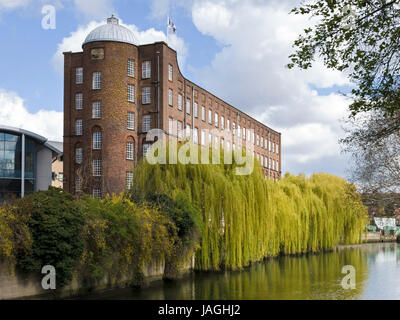 Alte Klasse 1 aufgeführten Gebäude der St James Mill Gebäude mit Trauerweide Bäumen und Fluss Wensum vor, Norwich, England, UK Stockfoto