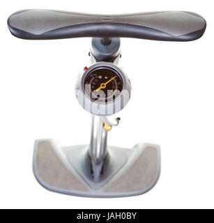 Draufsicht des Luft-Handpumpe mit Manometer isoliert auf weißem Hintergrund Stockfoto